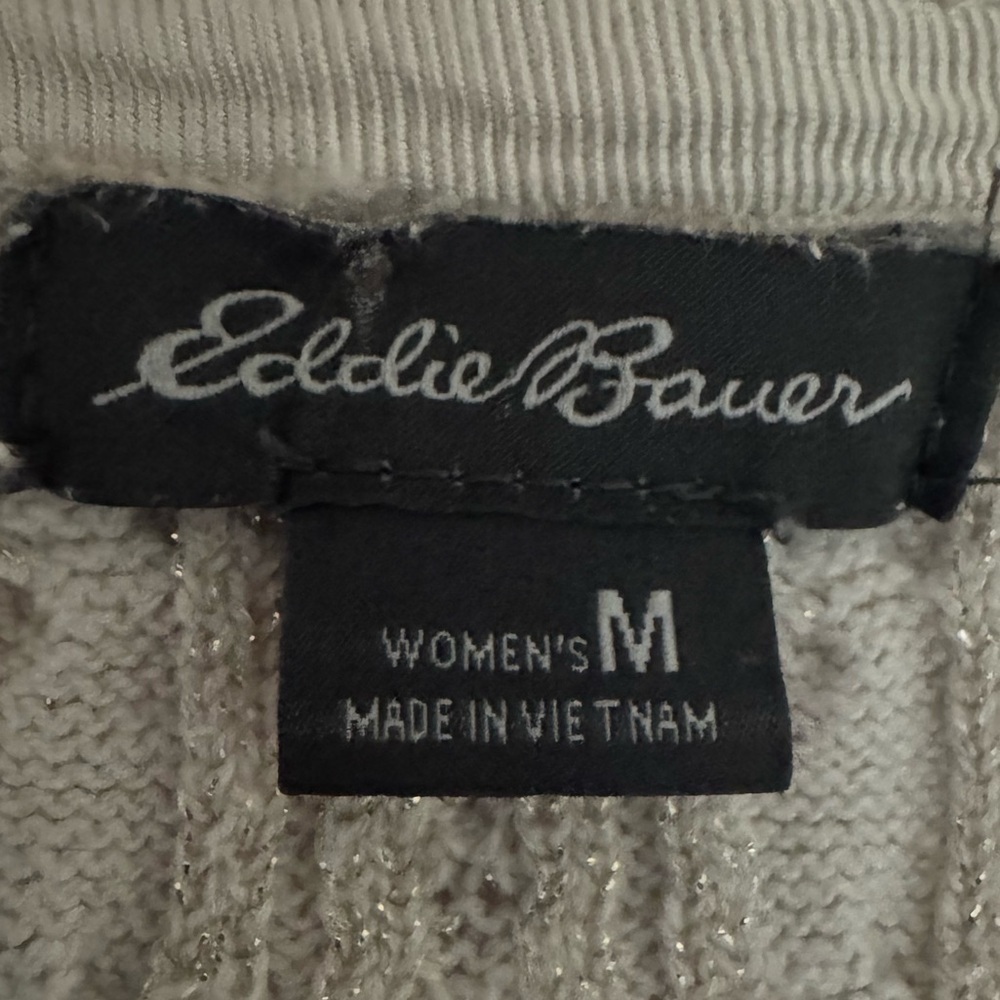 Eddie Bauer Ivory Cable Knit Cardigan Metallic Gold Thread Accents Size Medium - Picture 13 of 14